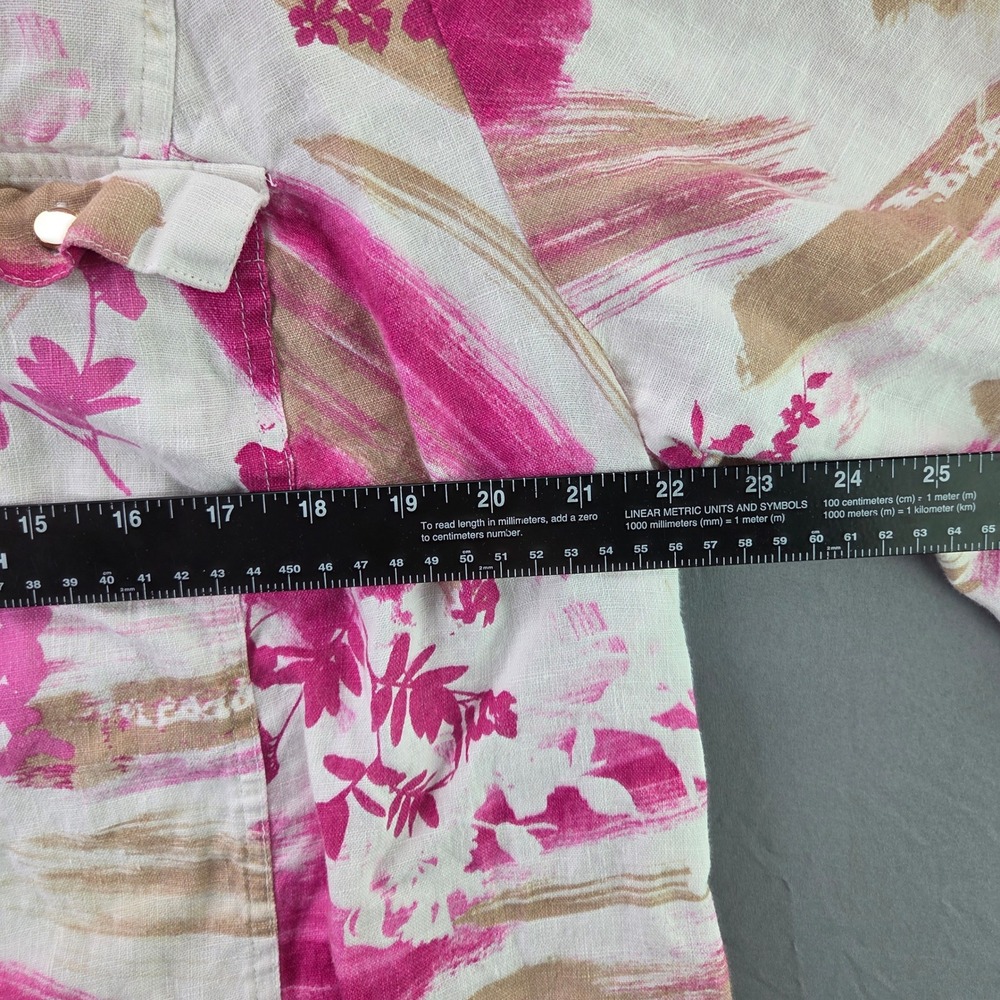 JM Collection Button Down Shirt Womens 16W Pink Tan Floral 100% Linen 3/4 Sleeve - Picture 6 of 8